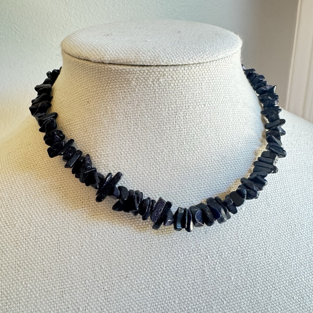 Vintage Blue Goldstone Chip Bead Necklace 16" Brass Clasp Charleston Estate